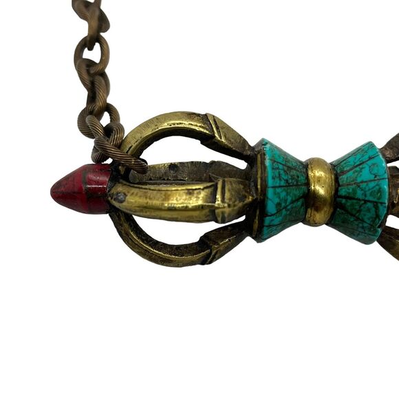 Tibetan Buddhism Dorje Phurpa Pestle Vajra Talismans FaQi Brass Red Turquoise - Picture 5 of 15